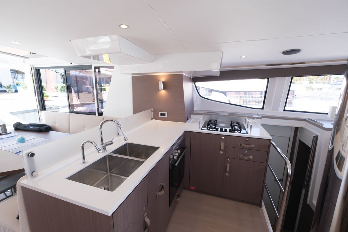 Galley of Migaloo, a Bali 4.6 catamaran at Capo d'Orlando, Italy