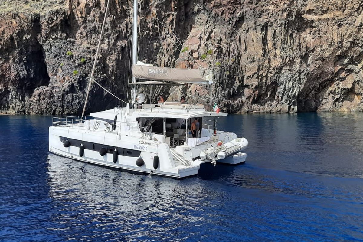 Exterior view of Migaloo, a Bali 4.6 catamaran at Capo d'Orlando, Italy