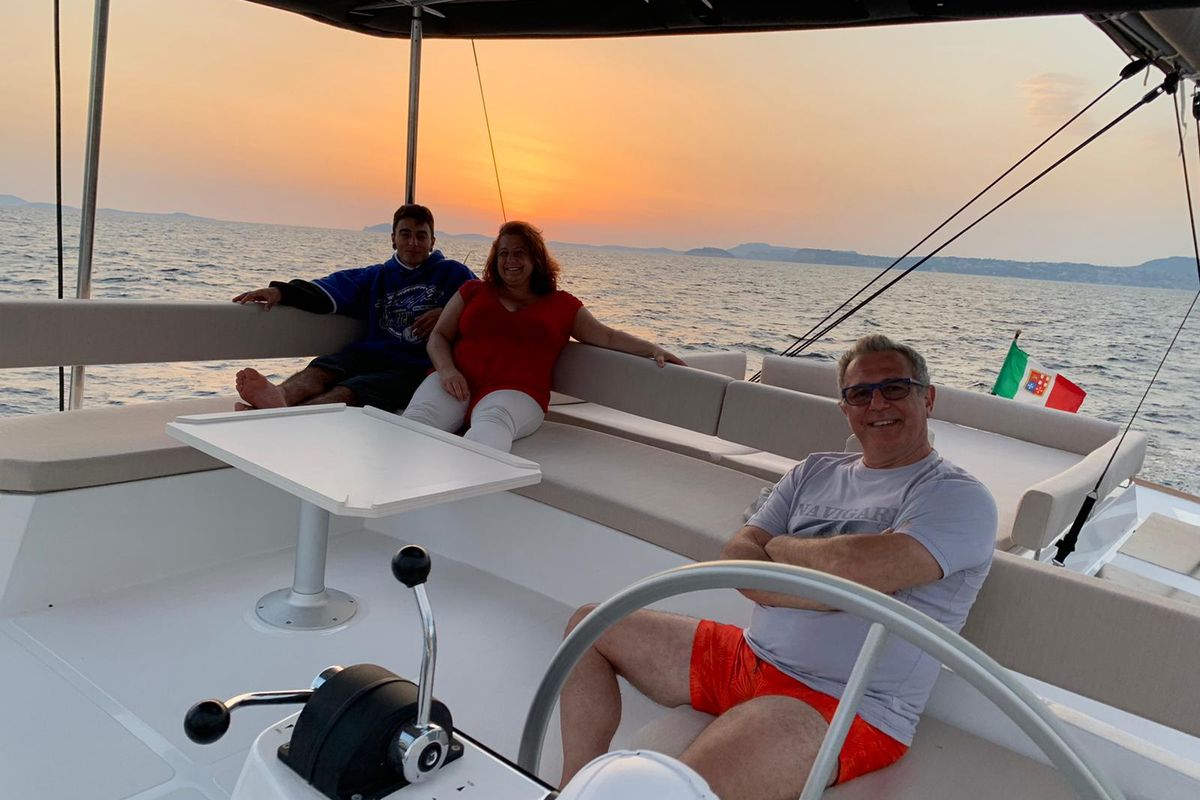 Cockpit of Migaloo, a Bali 4.6 catamaran at Capo d'Orlando, Italy