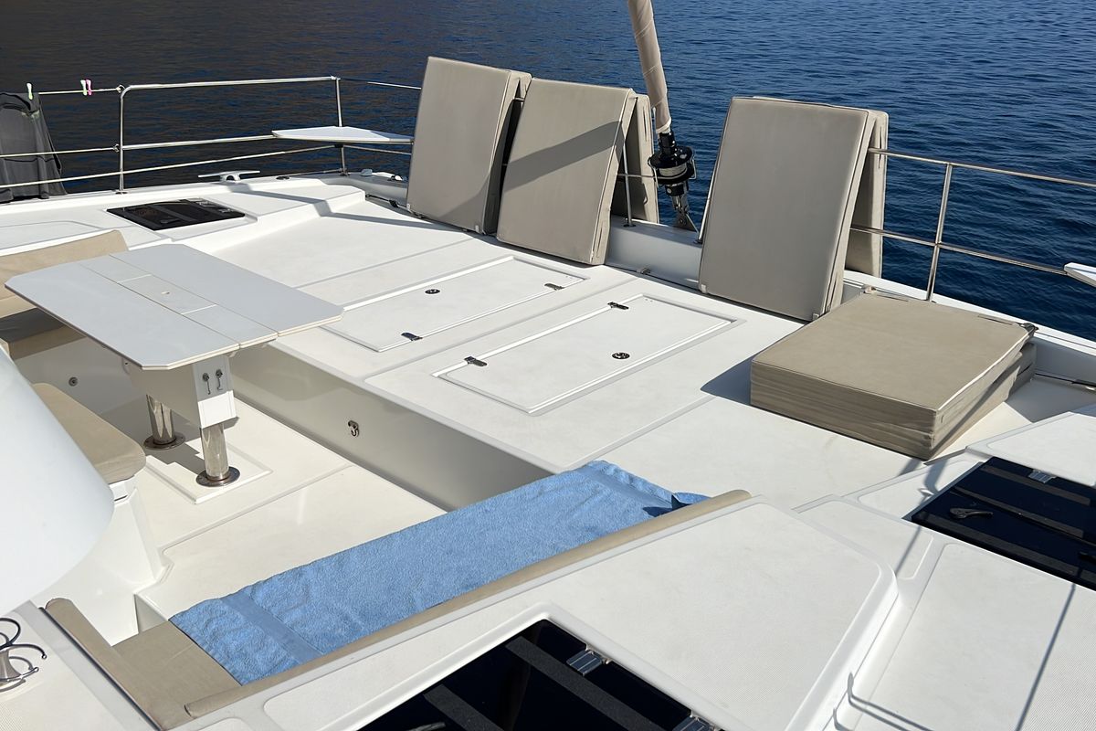 Deck of Migaloo, a Bali 4.6 catamaran at Capo d'Orlando, Italy