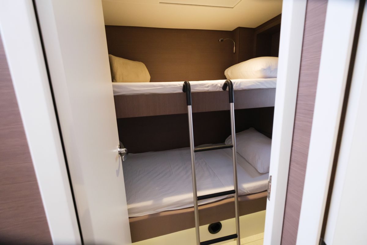 Cabin on Migaloo, a Bali 4.6 catamaran at Capo d'Orlando, Italy