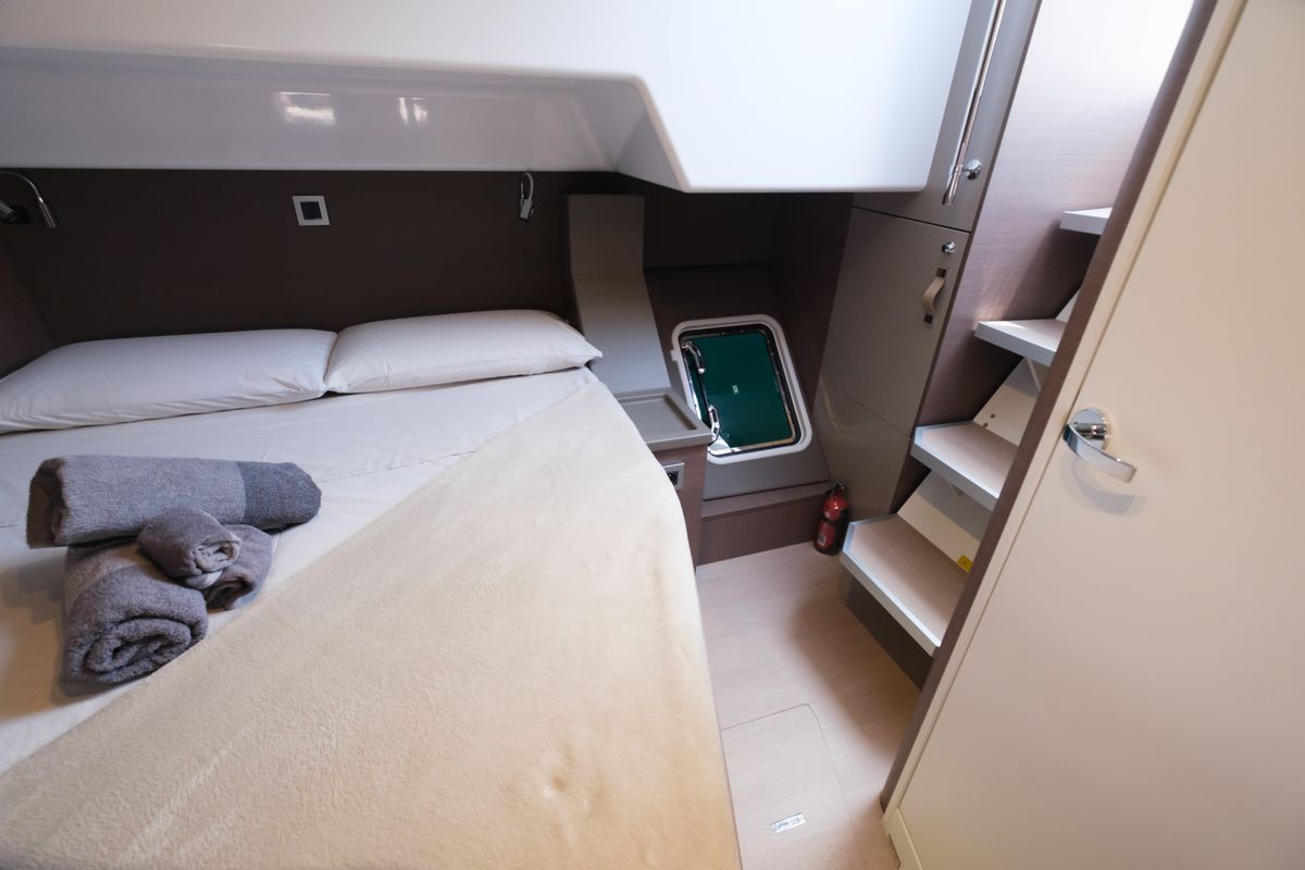 Cabin on Migaloo, a Bali 4.6 catamaran at Capo d'Orlando, Italy