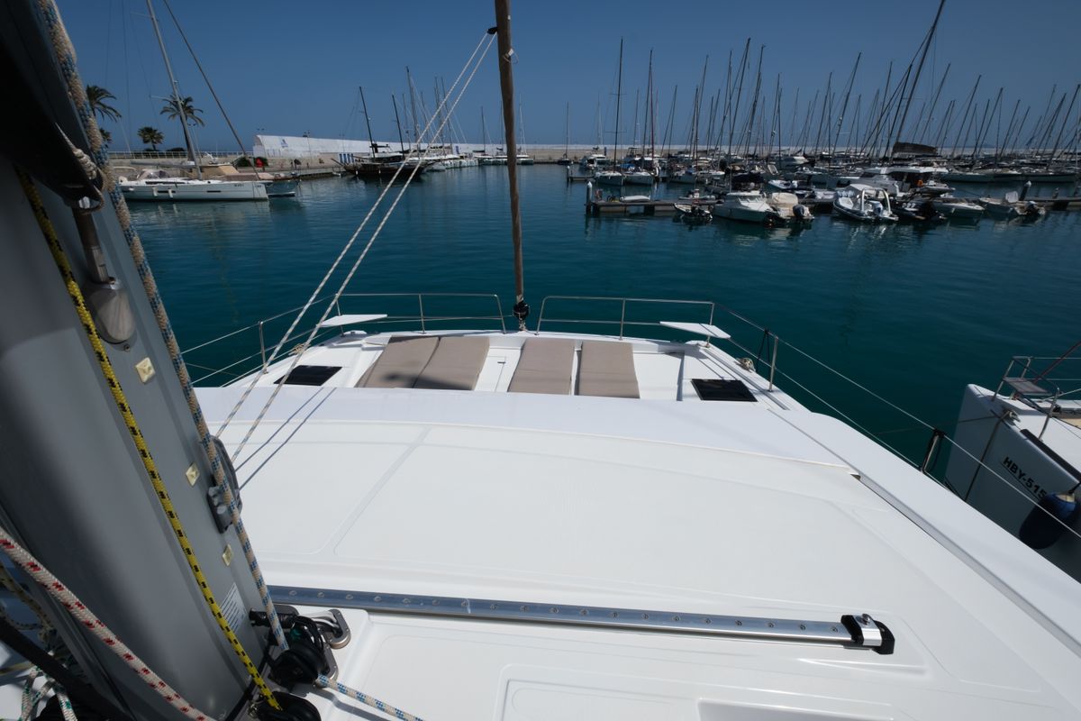 Deck of Migaloo, a Bali 4.6 catamaran at Capo d'Orlando, Italy