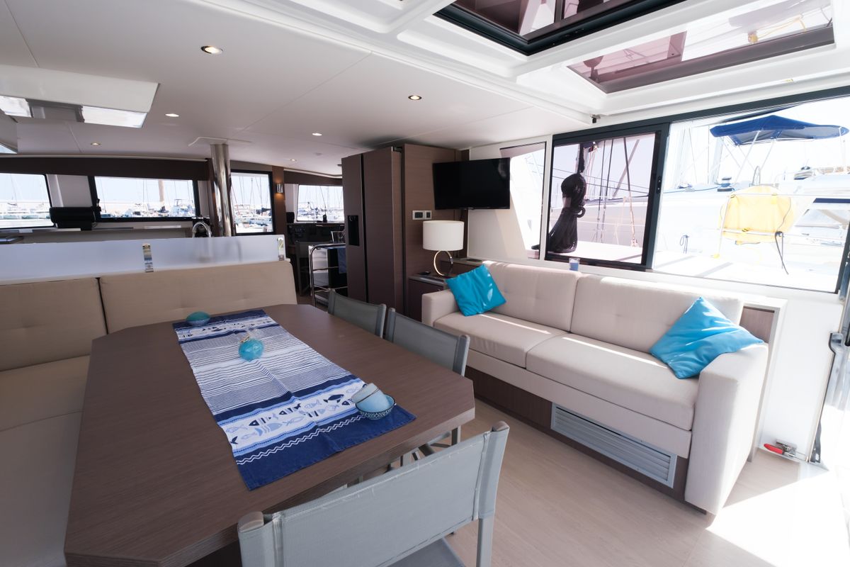 Salon of Migaloo, a Bali 4.6 catamaran at Capo d'Orlando, Italy