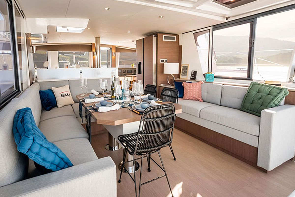 Salon of Migaloo, a Bali 4.6 catamaran at Capo d'Orlando, Italy