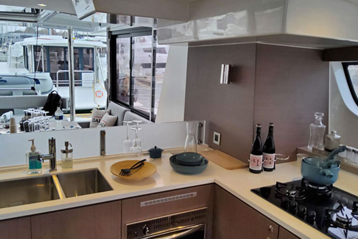Galley of Migaloo, a Bali 4.6 catamaran at Capo d'Orlando, Italy