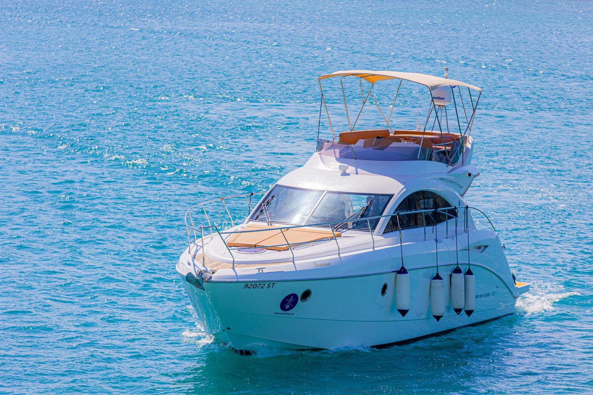 Exterior view of Lamona, a Beneteau Monte Carlo 47 Fly yacht at Općina Sukošan, Croatia