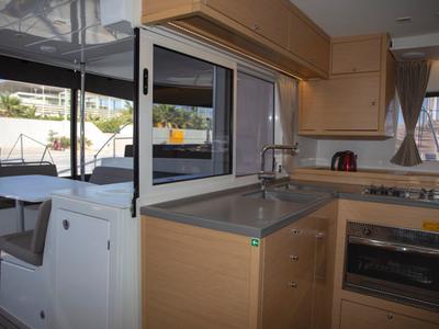 Galley of Satyam Melody, a Lagoon 450 Sport catamaran at Piraeus, Greece