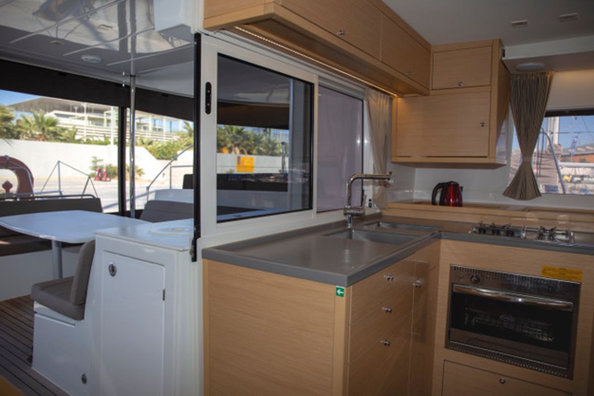 Galley of Satyam Melody, a Lagoon 450 Sport catamaran at Piraeus, Greece