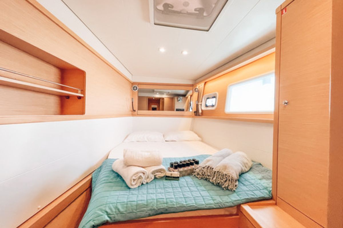 Cabin on Satyam Melody, a Lagoon 450 Sport catamaran at Piraeus, Greece
