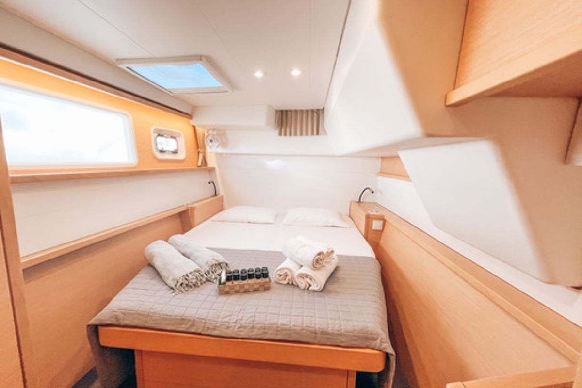 Cabin on Satyam Melody, a Lagoon 450 Sport catamaran at Piraeus, Greece