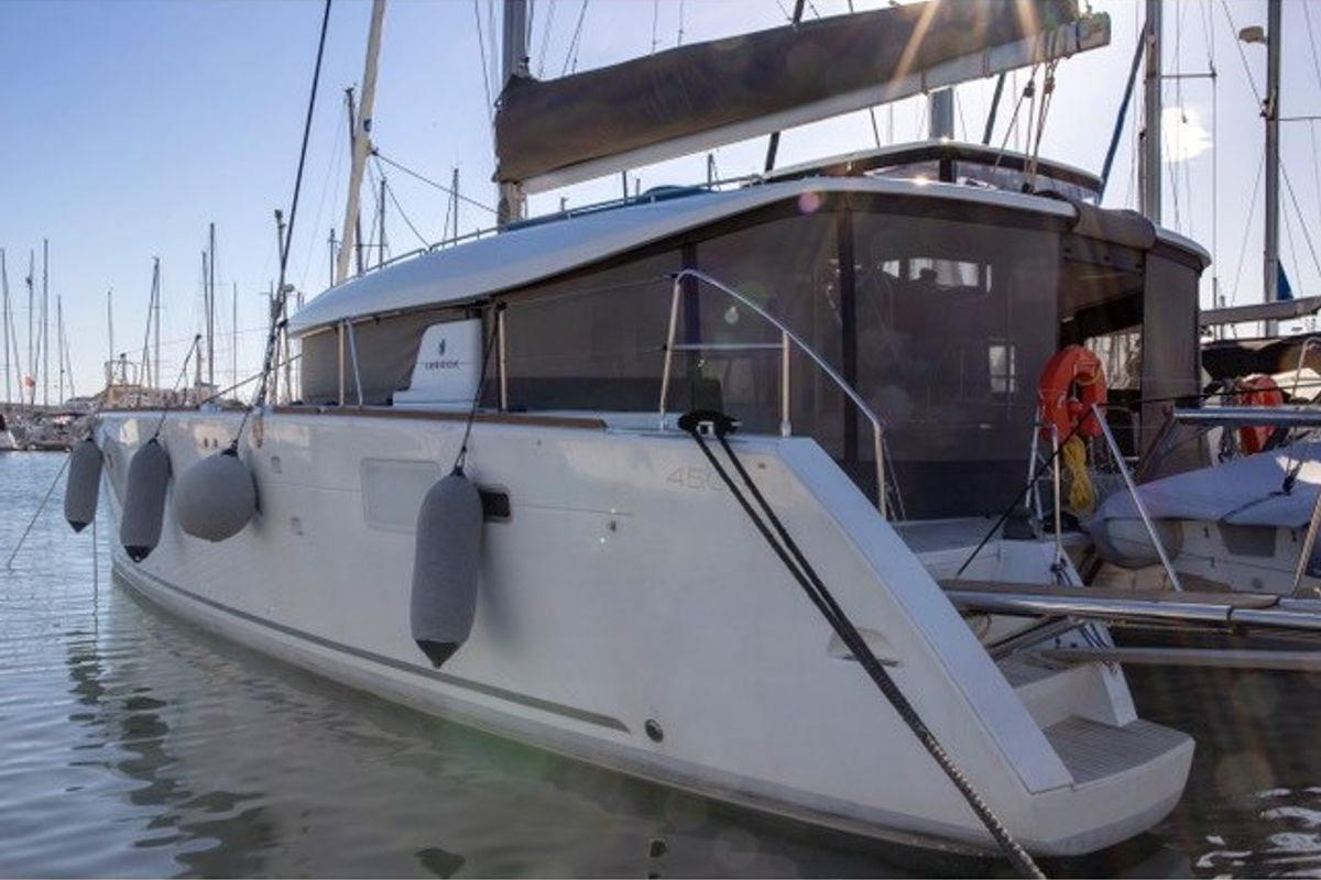 Exterior view of Satyam Melody, a Lagoon 450 Sport catamaran at Piraeus, Greece