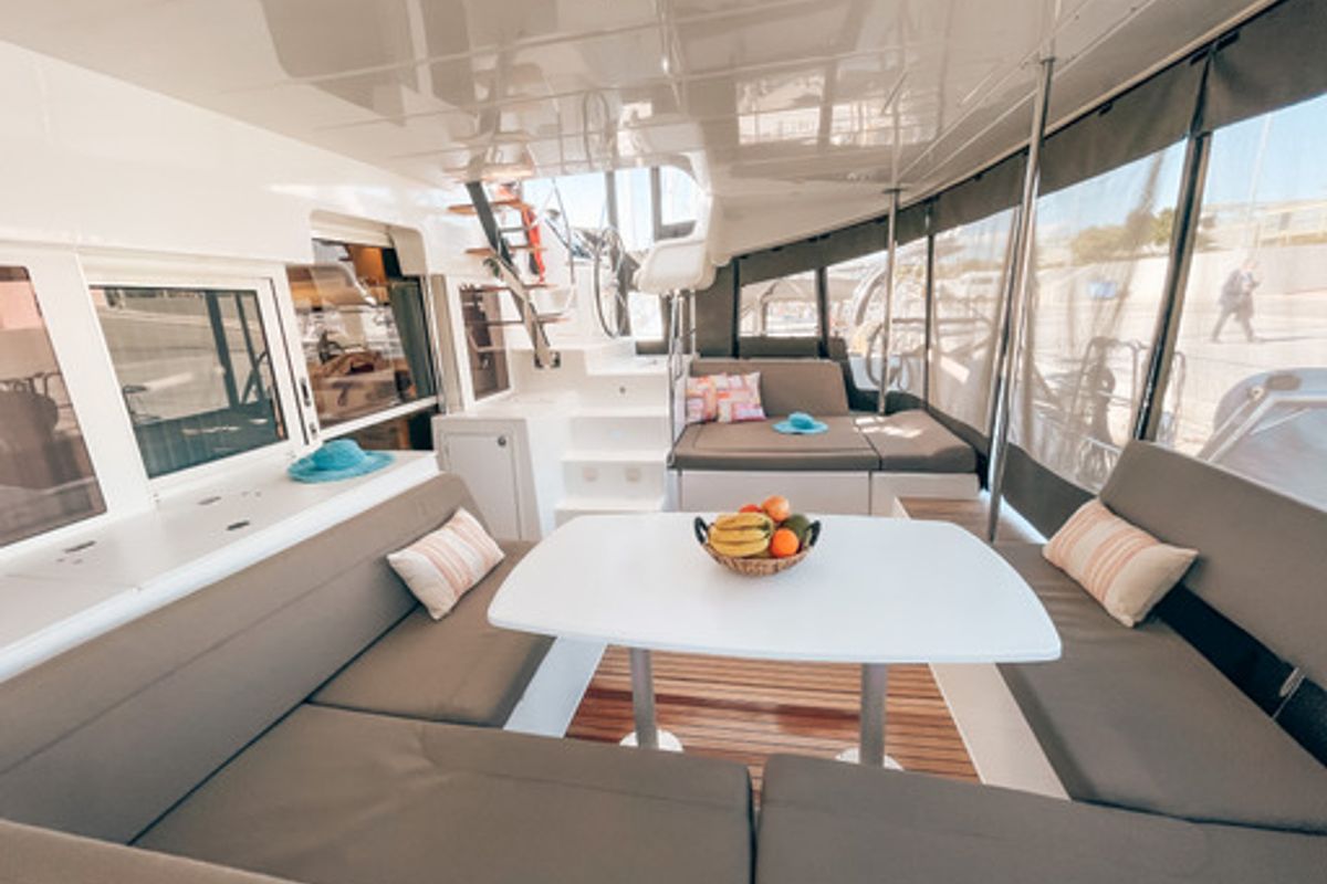 Deck of Satyam Melody, a Lagoon 450 Sport catamaran at Piraeus, Greece