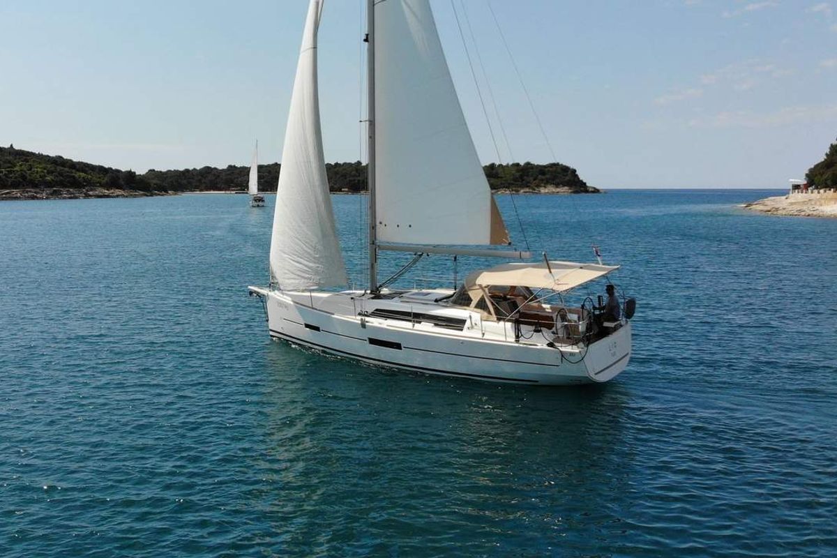 Exterior view of Lia, a Dufour 382 GL sailboat at Barth, Germany