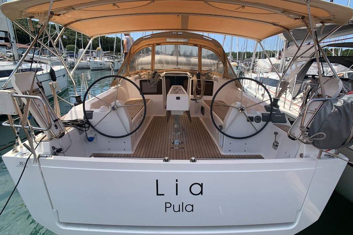 Cockpit of Lia, a Dufour 382 GL sailboat at Barth, Germany