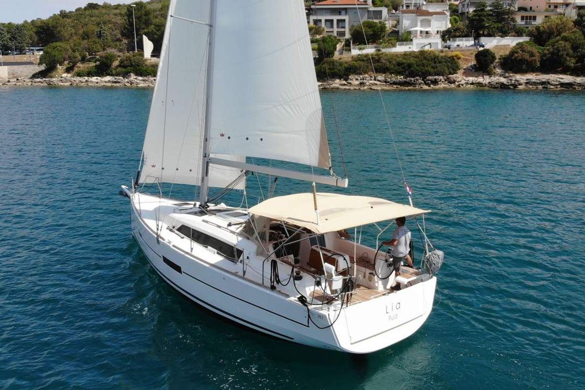 Exterior view of Lia, a Dufour 382 GL sailboat at Barth, Germany