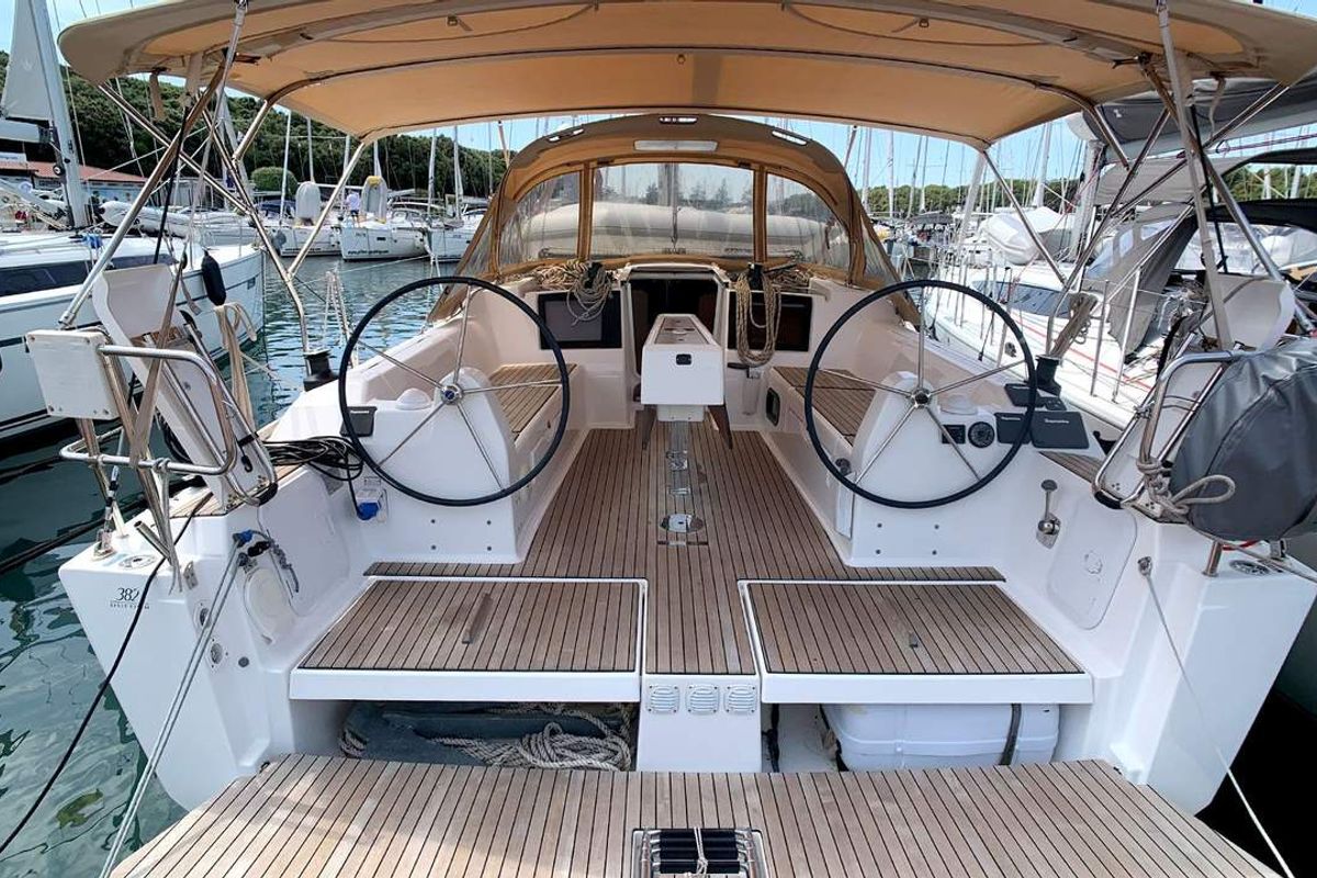 Cockpit of Lia, a Dufour 382 GL sailboat at Barth, Germany