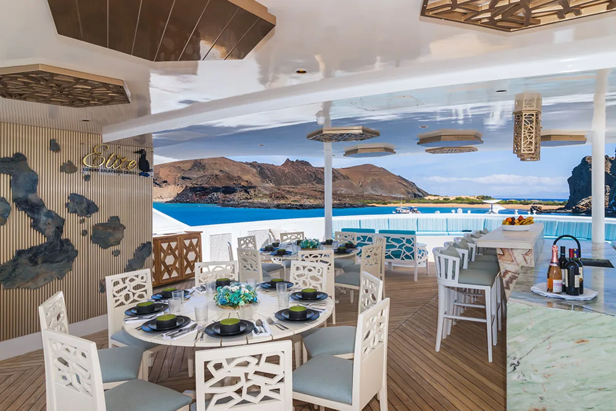 Deck of Elite, a Gulet Power Catamaran catamaran at Baltra, Ecuador