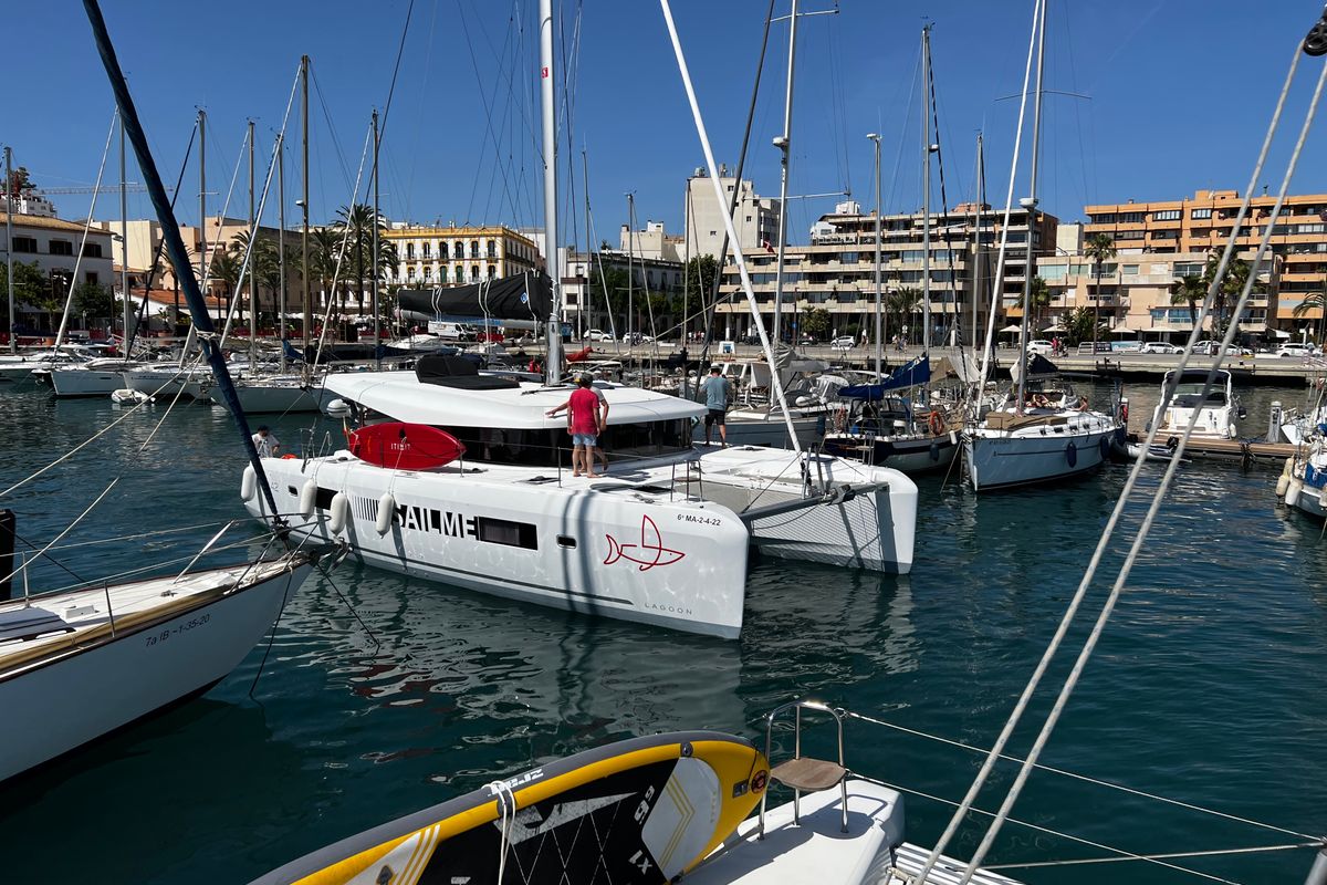 Exterior view of Odessa, a Lagoon 42 catamaran at Ibiza, Spain