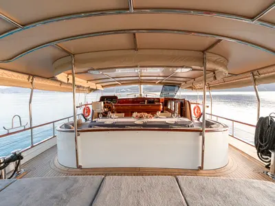 Cockpit of Gozdem The One, a Gulet Custom built 183 yacht at Bodrum, Turkey