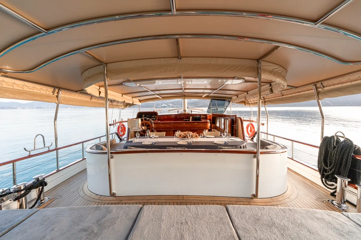 Cockpit of Gozdem The One, a Gulet Custom built 183 yacht at Bodrum, Turkey