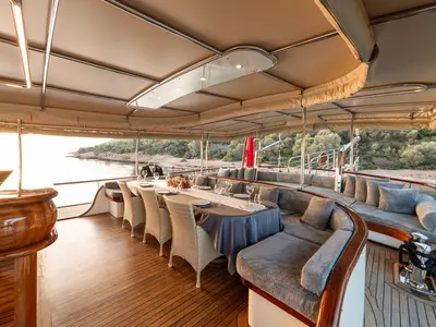 Deck of Gozdem The One, a Gulet Custom built 183 yacht at Bodrum, Turkey