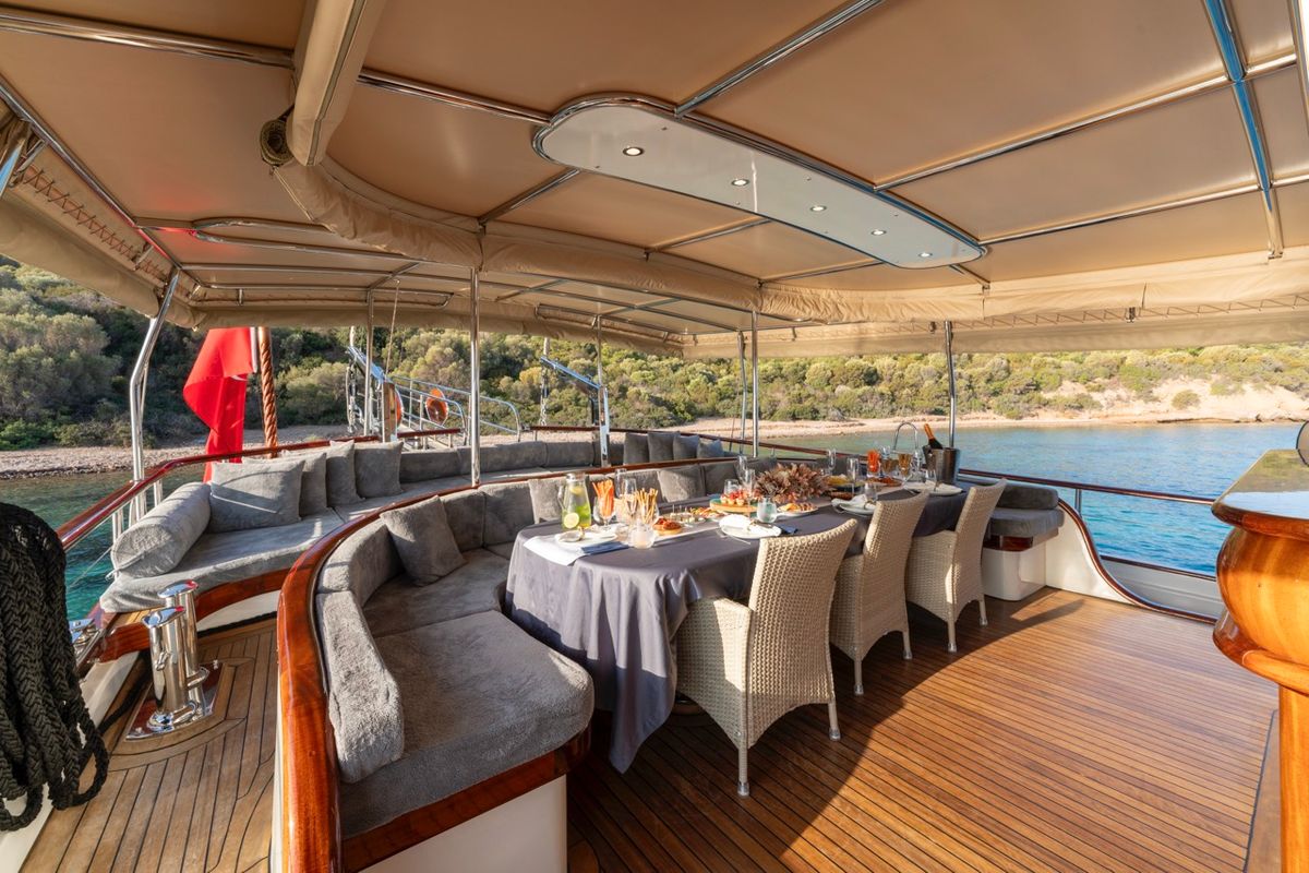 Deck of Gozdem The One, a Gulet Custom built 183 yacht at Bodrum, Turkey