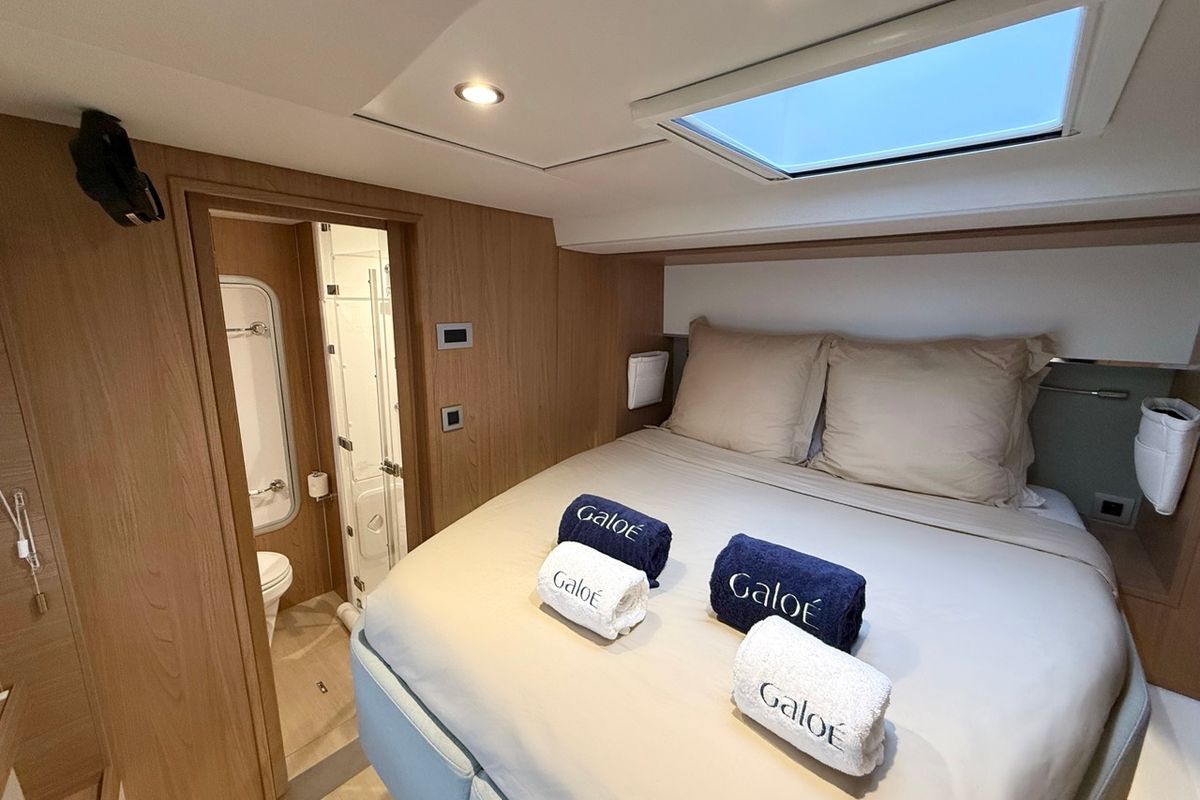 Cabin on GALOE, a Bali 5.4 catamaran at Antibes, France