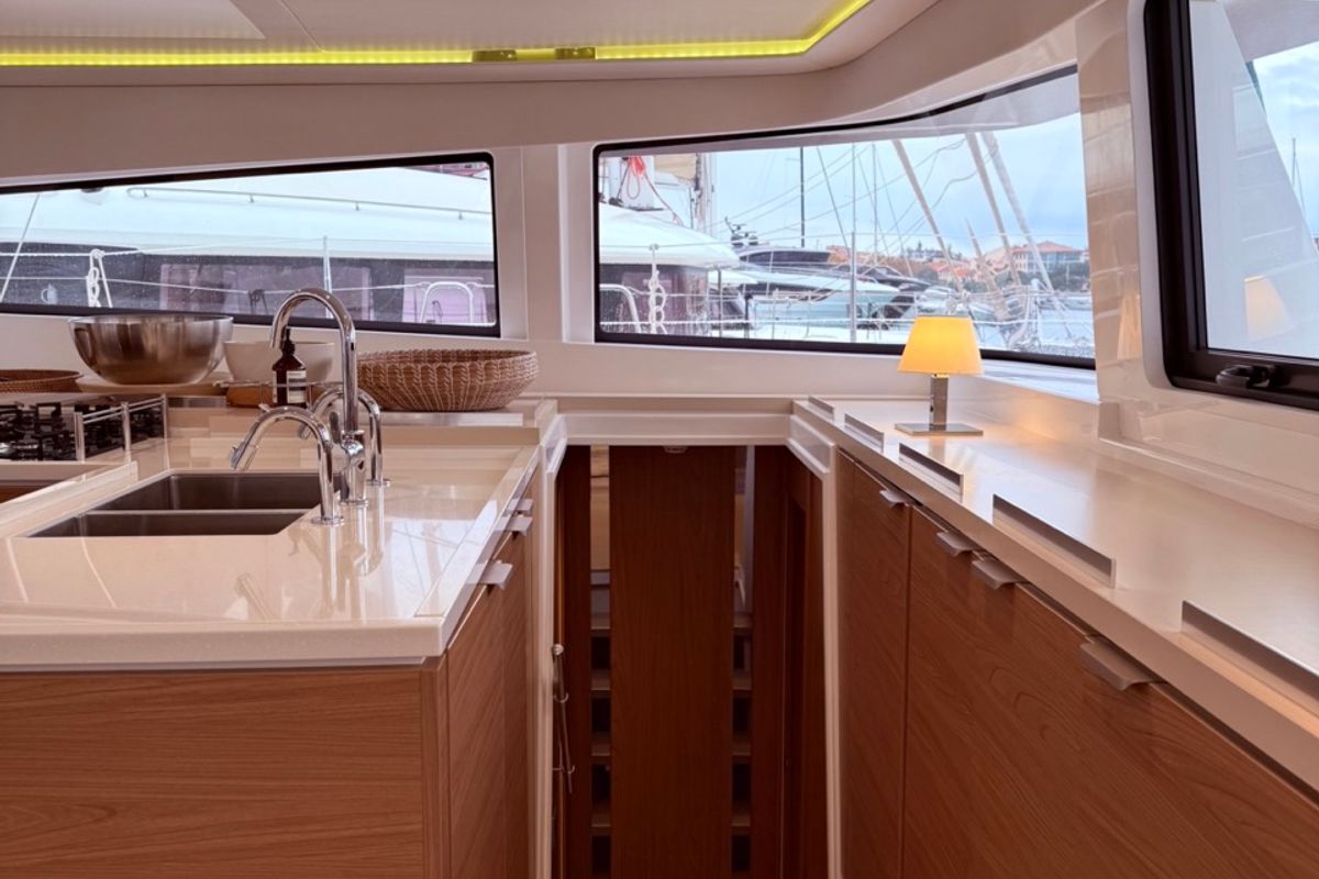 Galley of GALOE, a Bali 5.4 catamaran at Antibes, France