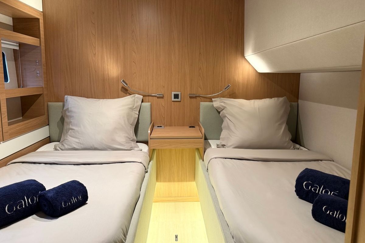 Cabin on GALOE, a Bali 5.4 catamaran at Antibes, France