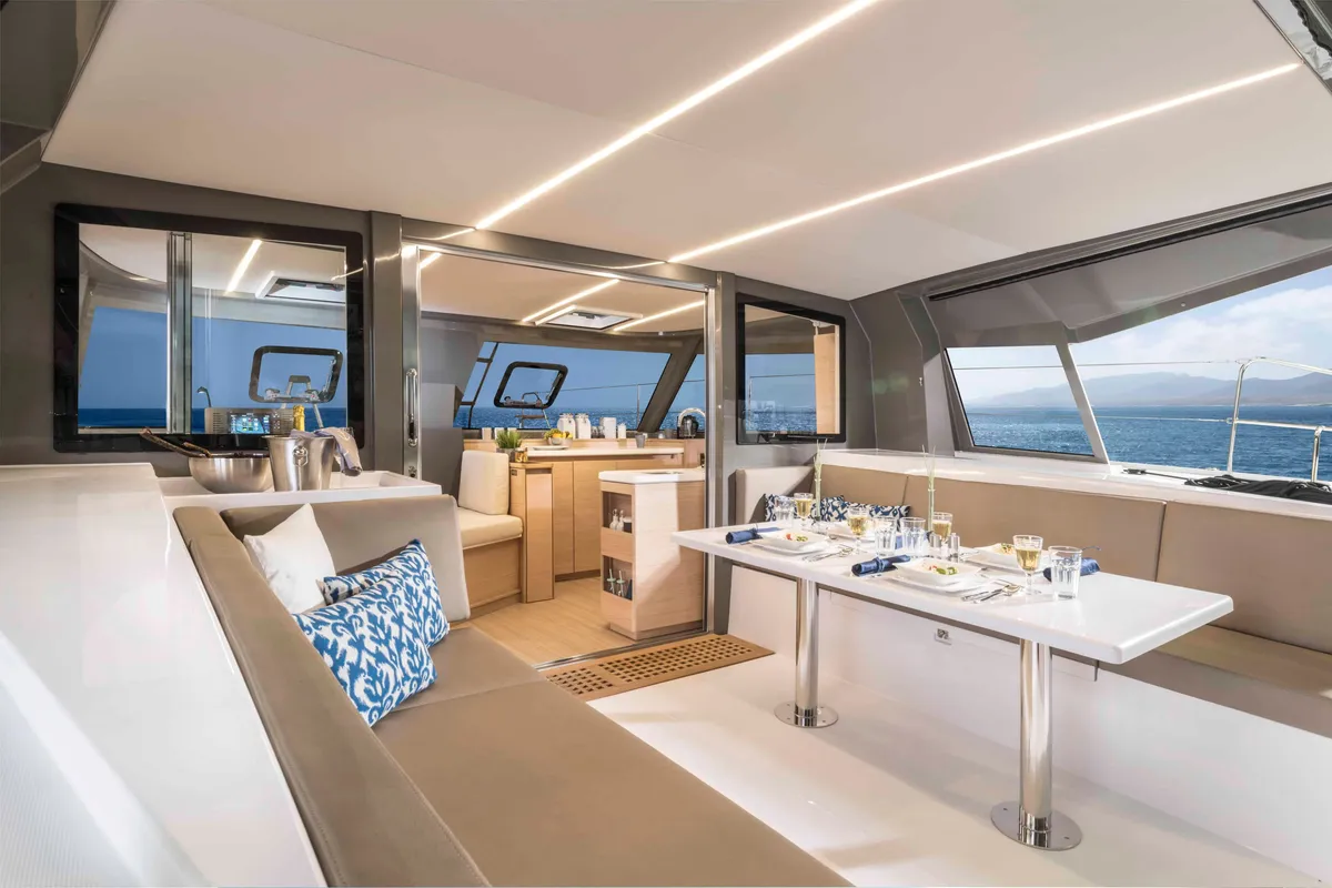 Salon of Sea Spirit, a Nautitech 40 Open catamaran at Grande Rivière Noire VCA, Mauritius