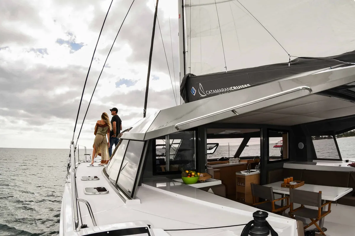 Deck of Sea Spirit, a Nautitech 40 Open catamaran at Grande Rivière Noire VCA, Mauritius