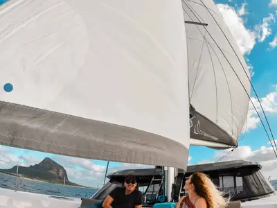 Deck of Sea Spirit, a Nautitech 40 Open catamaran at Grande Rivière Noire VCA, Mauritius