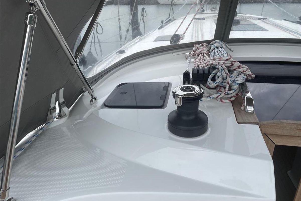 Deck of Leonidas, a Bavaria Cruiser 46 sailboat at Municipal Unit of Lefkada, Greece