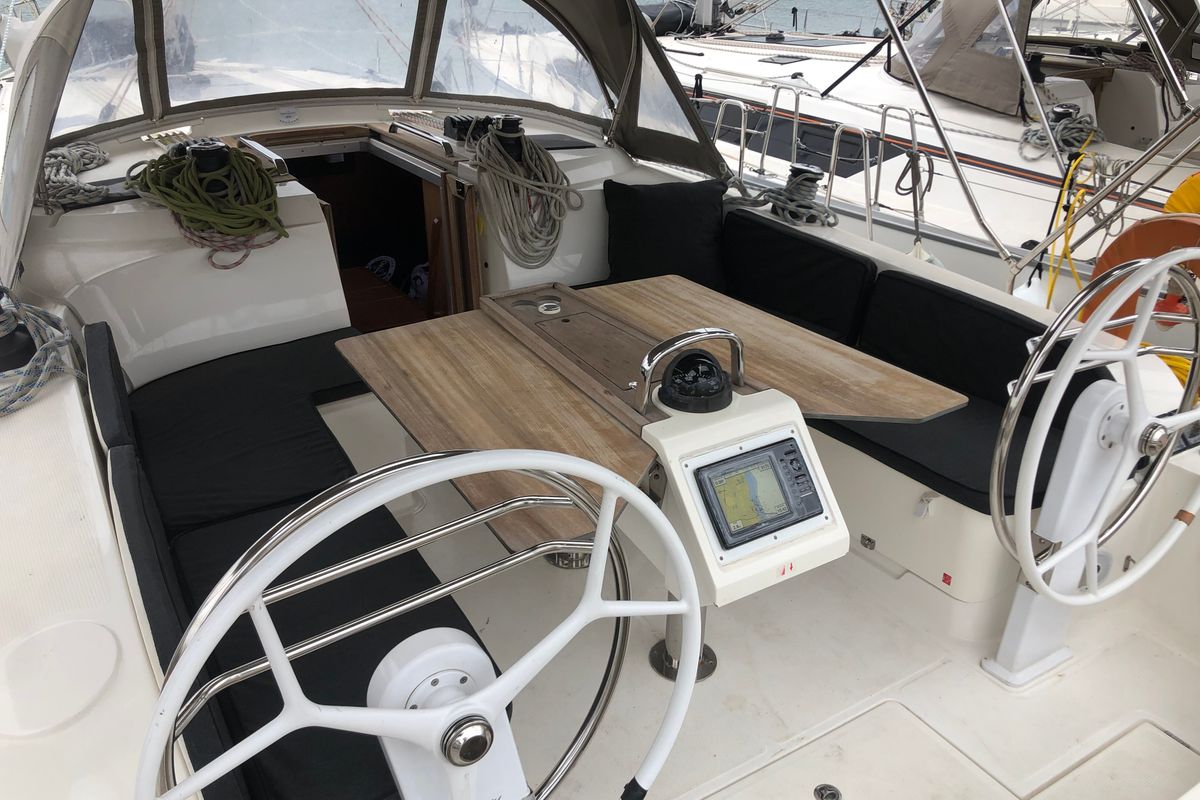 Cockpit of Leonidas, a Bavaria Cruiser 46 sailboat at Municipal Unit of Lefkada, Greece