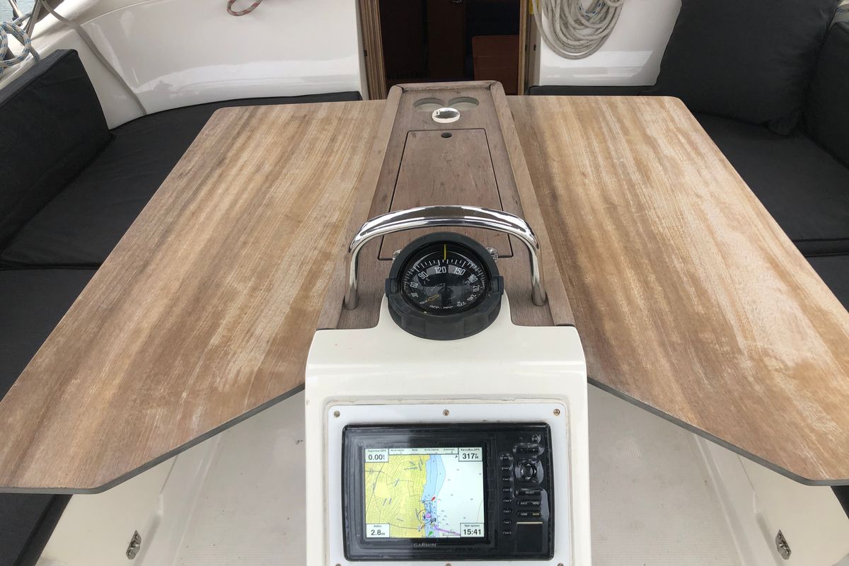 Cockpit of Leonidas, a Bavaria Cruiser 46 sailboat at Municipal Unit of Lefkada, Greece
