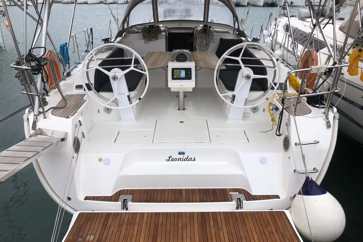 Exterior view of Leonidas, a Bavaria Cruiser 46 sailboat at Municipal Unit of Lefkada, Greece