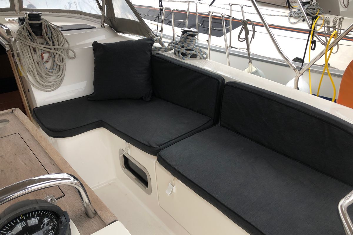Deck of Leonidas, a Bavaria Cruiser 46 sailboat at Municipal Unit of Lefkada, Greece