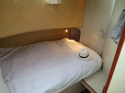 Cabin on Vivat, a Nicols Confort 1350 motorboat at Grez-Neuville, France
