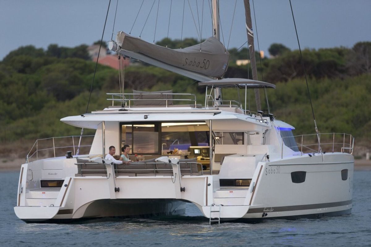 Exterior view of Valhalla, a Fountaine Pajot Saba 50 catamaran at Road Town, British Virgin Islands