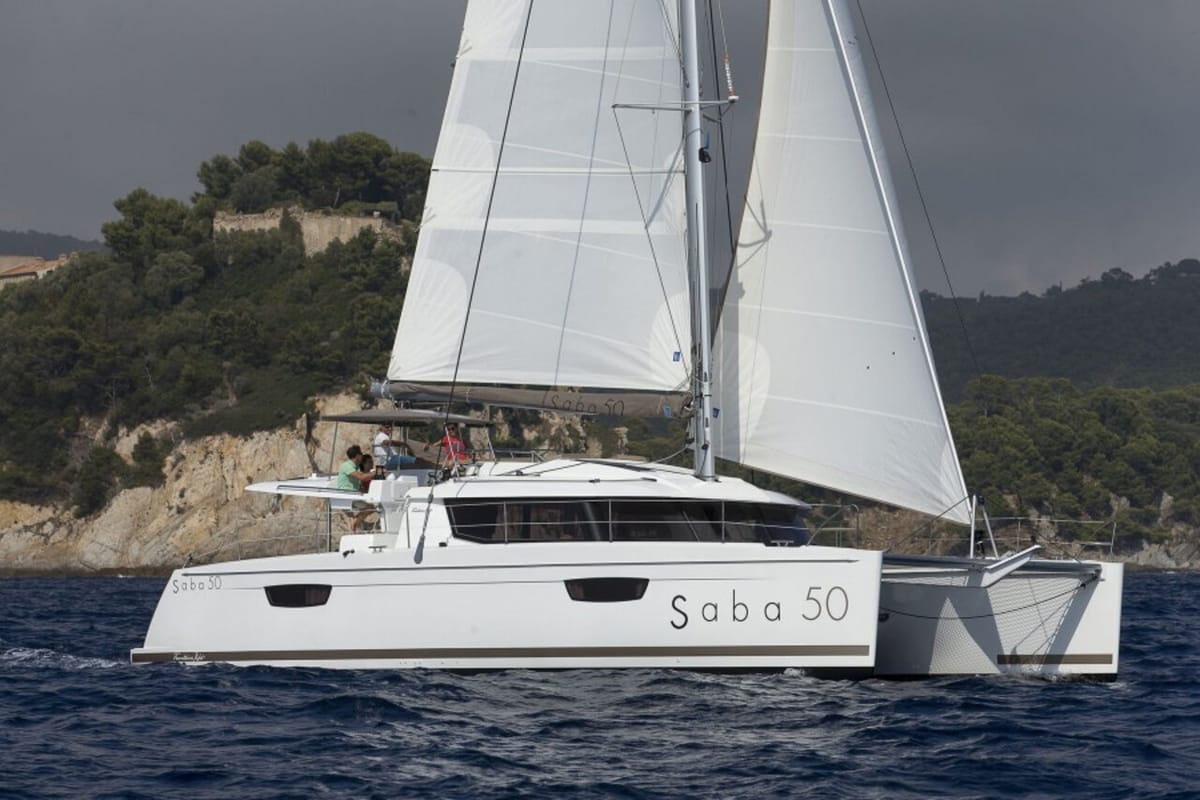 Exterior view of Valhalla, a Fountaine Pajot Saba 50 catamaran at Road Town, British Virgin Islands