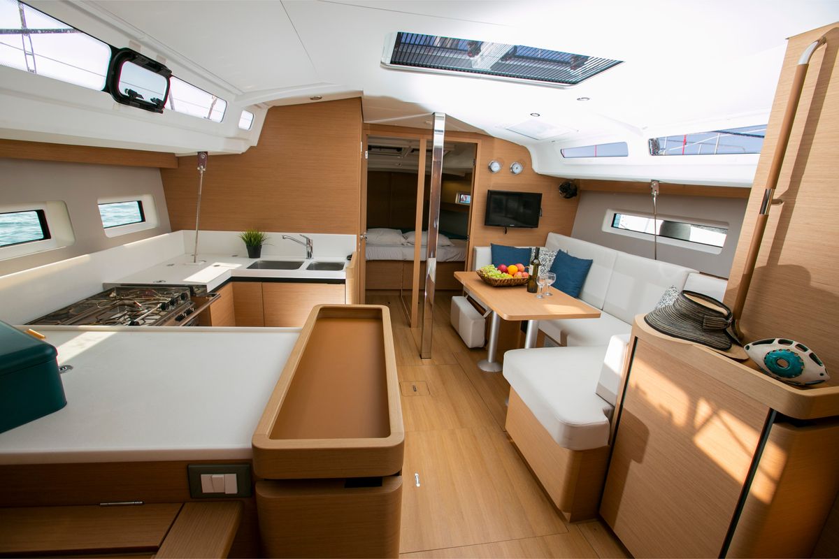 Galley of BLACK BIRD, a Jeanneau Sun Odyssey 440 sailboat at Preveza, Greece