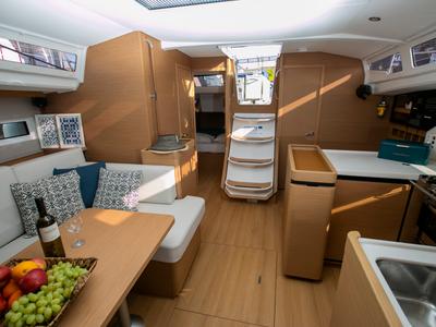 Salon of BLACK BIRD, a Jeanneau Sun Odyssey 440 sailboat at Preveza, Greece