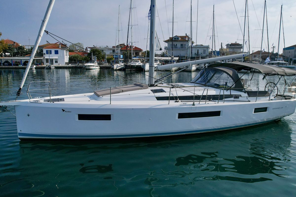 Exterior view of BLACK BIRD, a Jeanneau Sun Odyssey 440 sailboat at Preveza, Greece