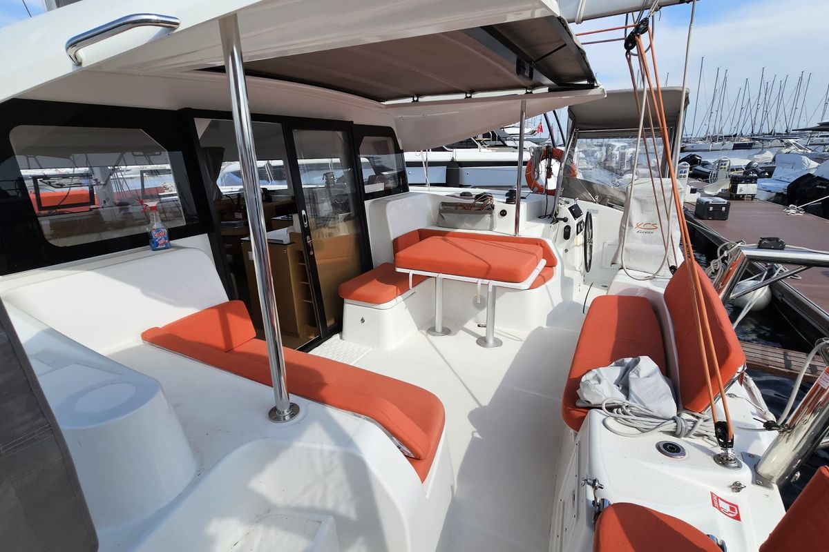 Cockpit of SMOTA, a Excess 11 catamaran at Fethiye, Turkey