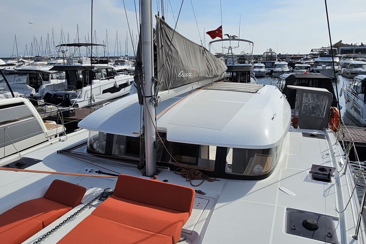 Deck of SMOTA, a Excess 11 catamaran at Fethiye, Turkey