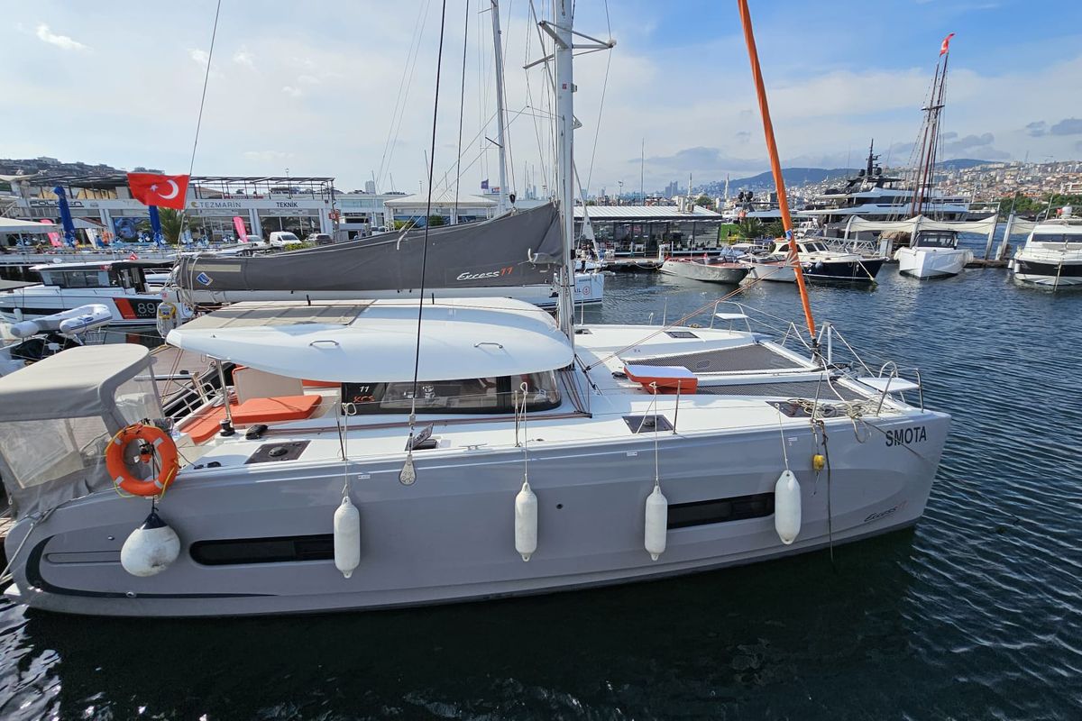 Exterior view of SMOTA, a Excess 11 catamaran at Fethiye, Turkey