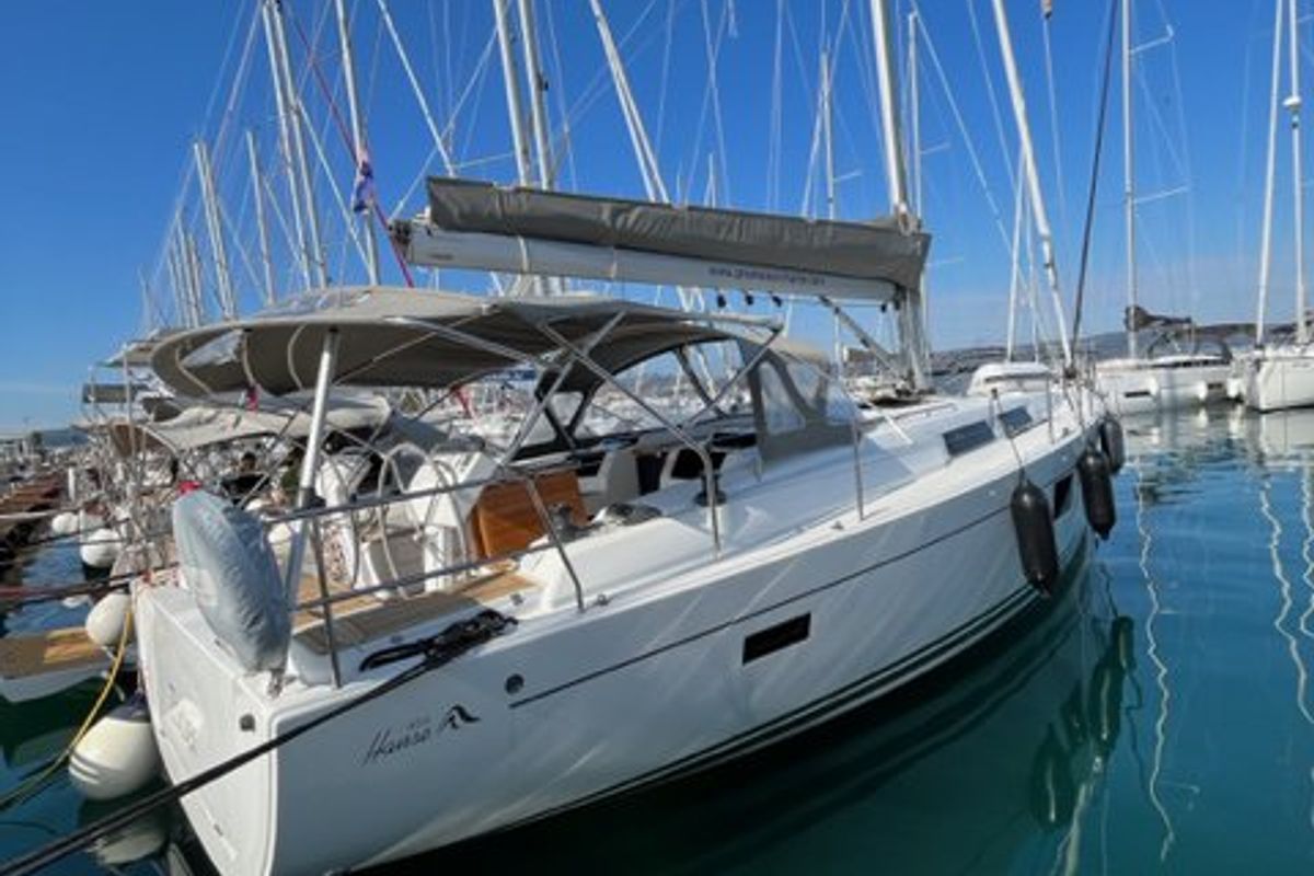 Exterior view of Zsiber, a Hanse Yachts Hanse 455 sailboat at Grad Biograd na Moru, Croatia