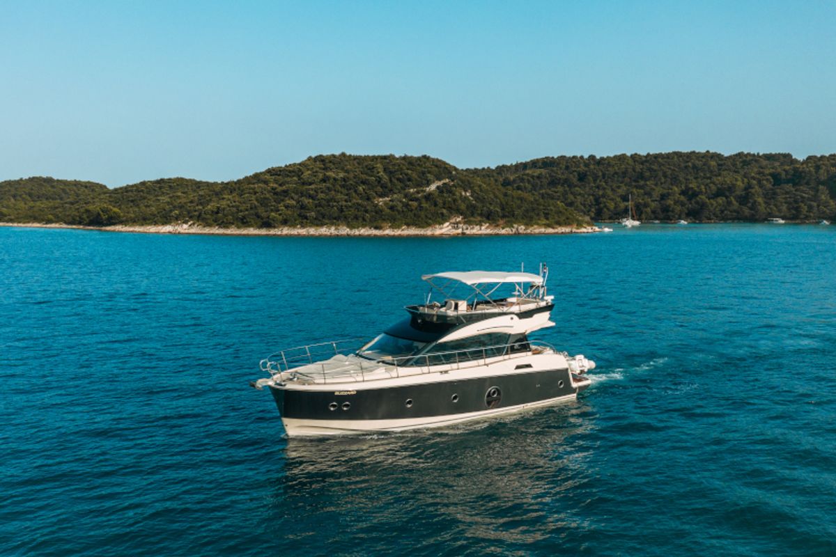 Exterior view of Blizzard, a Beneteau Monte Carlo 5 motorboat at Seget Donji, Croatia