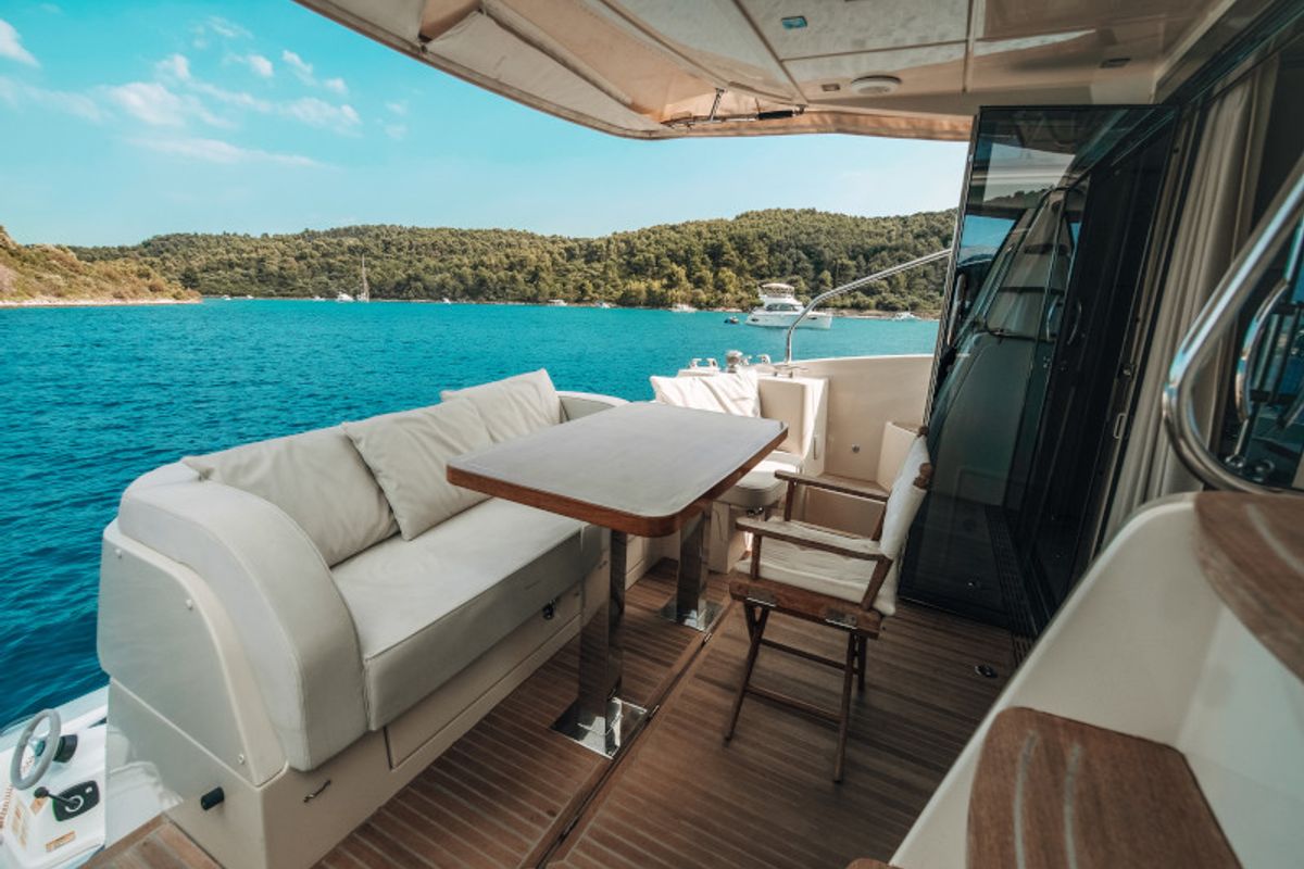Deck of Blizzard, a Beneteau Monte Carlo 5 motorboat at Seget Donji, Croatia